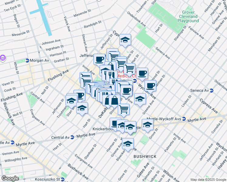 map of restaurants, bars, coffee shops, grocery stores, and more near 1535 Dekalb Avenue in Brooklyn