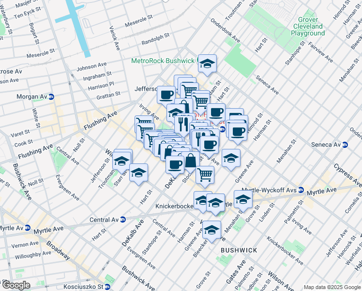 map of restaurants, bars, coffee shops, grocery stores, and more near 1529 DeKalb Avenue in Brooklyn