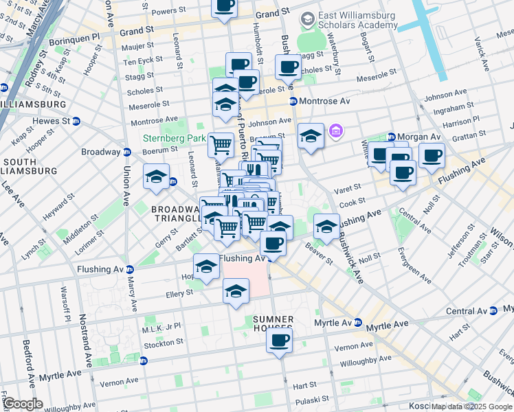 map of restaurants, bars, coffee shops, grocery stores, and more near 44 Varet Street in Brooklyn