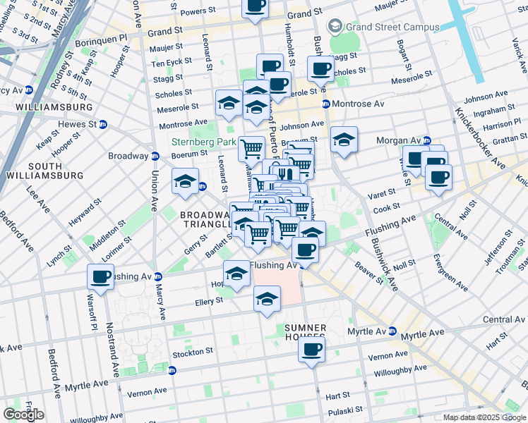 map of restaurants, bars, coffee shops, grocery stores, and more near 10 Manhattan Avenue in Brooklyn