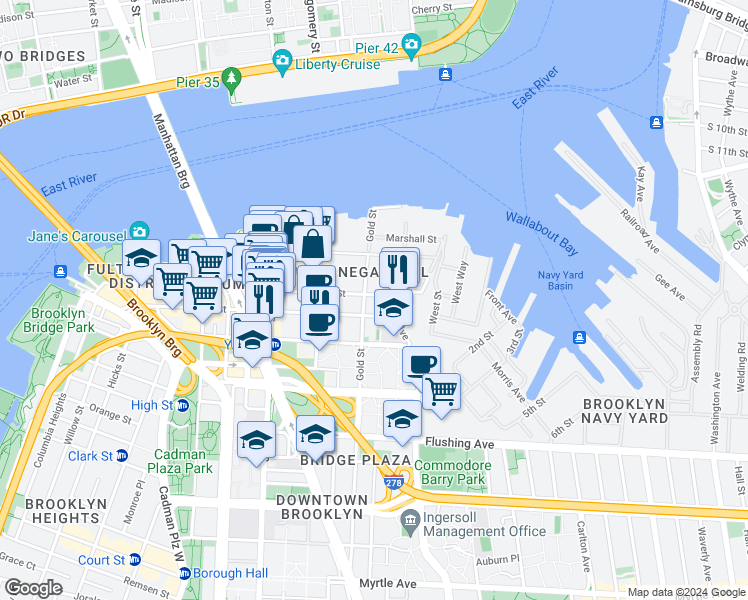 map of restaurants, bars, coffee shops, grocery stores, and more near 251 Front Street in Brooklyn