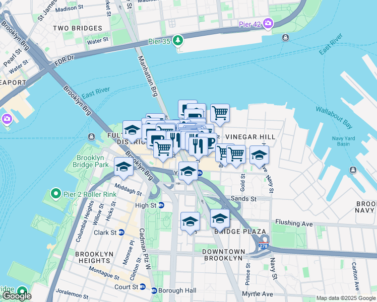 map of restaurants, bars, coffee shops, grocery stores, and more near 56 Jay Street in Brooklyn