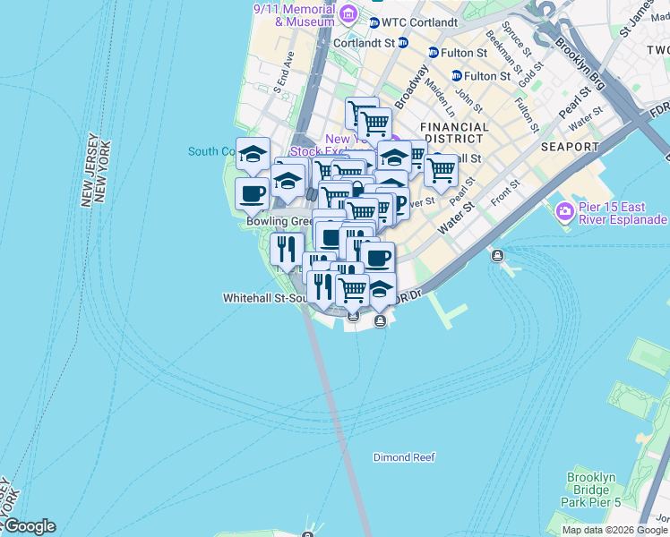 map of restaurants, bars, coffee shops, grocery stores, and more near 17 State Street in New York