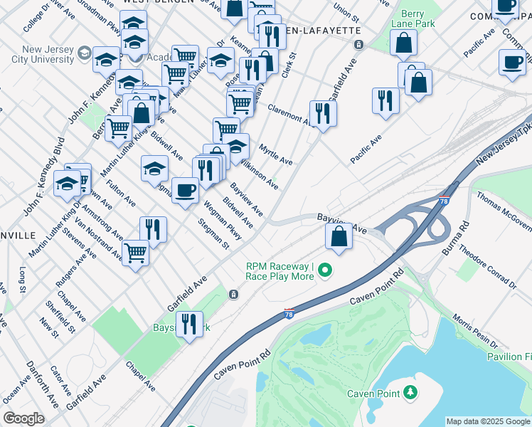 map of restaurants, bars, coffee shops, grocery stores, and more near 676 Garfield Avenue in Jersey City