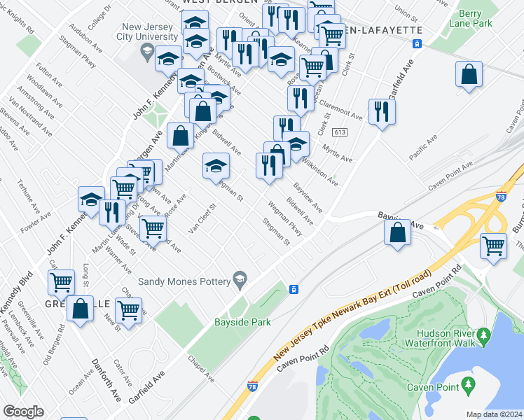 map of restaurants, bars, coffee shops, grocery stores, and more near 60 Stegman Street in Jersey City