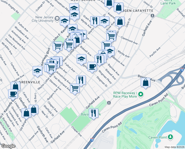 map of restaurants, bars, coffee shops, grocery stores, and more near 78 Dwight Street in Jersey City