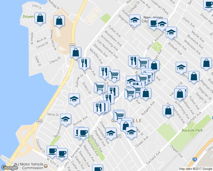 map of restaurants, bars, coffee shops, grocery stores, and more near 40 Terhune Avenue in Jersey City