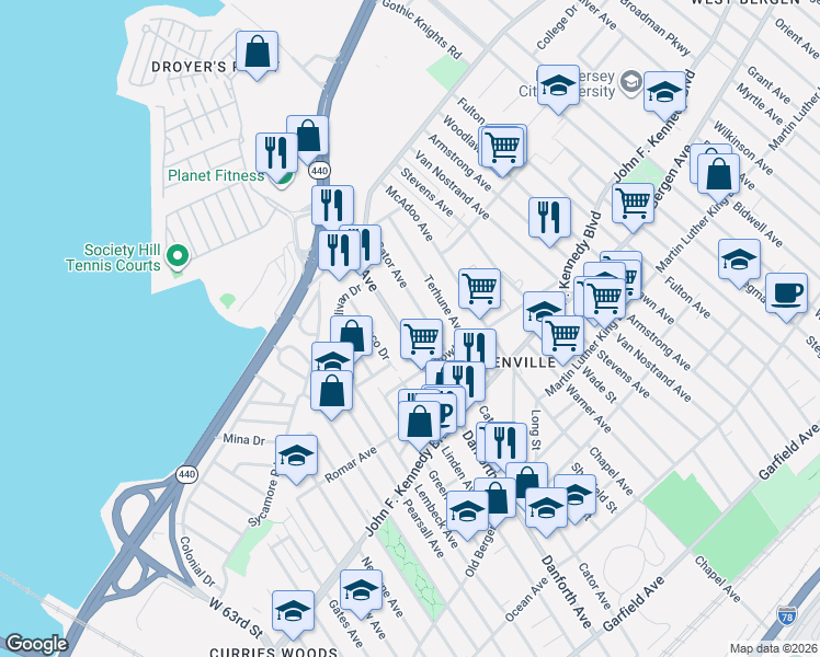map of restaurants, bars, coffee shops, grocery stores, and more near 339 Danforth Avenue in Jersey City