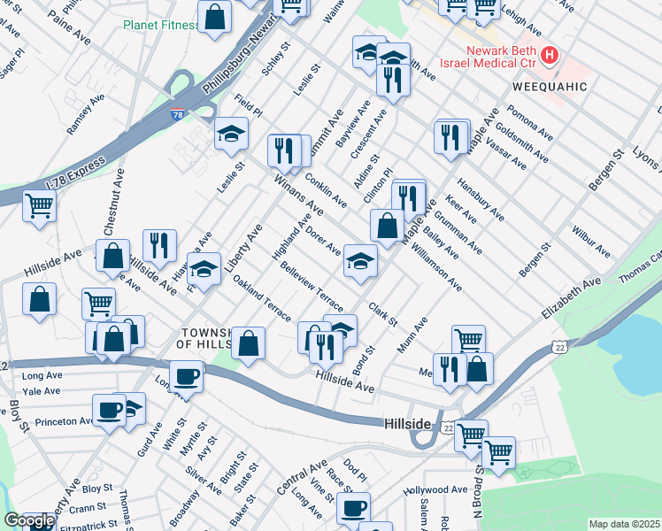 map of restaurants, bars, coffee shops, grocery stores, and more near 1502 Compton Terrace in Hillside