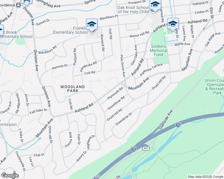map of restaurants, bars, coffee shops, grocery stores, and more near 21 Plymouth Road in Summit