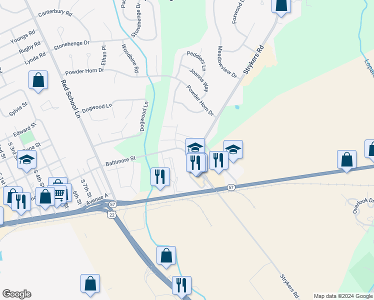 map of restaurants, bars, coffee shops, grocery stores, and more near 207 Strykers Road in Phillipsburg