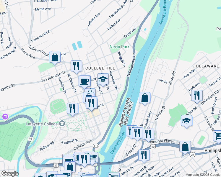 map of restaurants, bars, coffee shops, grocery stores, and more near 100 Parsons Street in Easton
