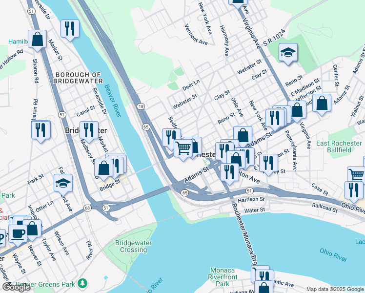 map of restaurants, bars, coffee shops, grocery stores, and more near 168 West Madison Street in Rochester