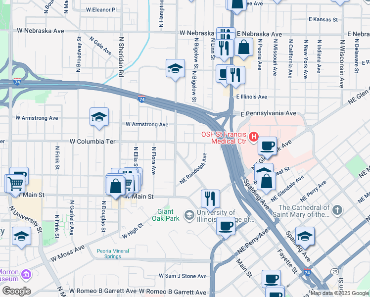 map of restaurants, bars, coffee shops, grocery stores, and more near 103 Northeast Roanoke Avenue in Peoria