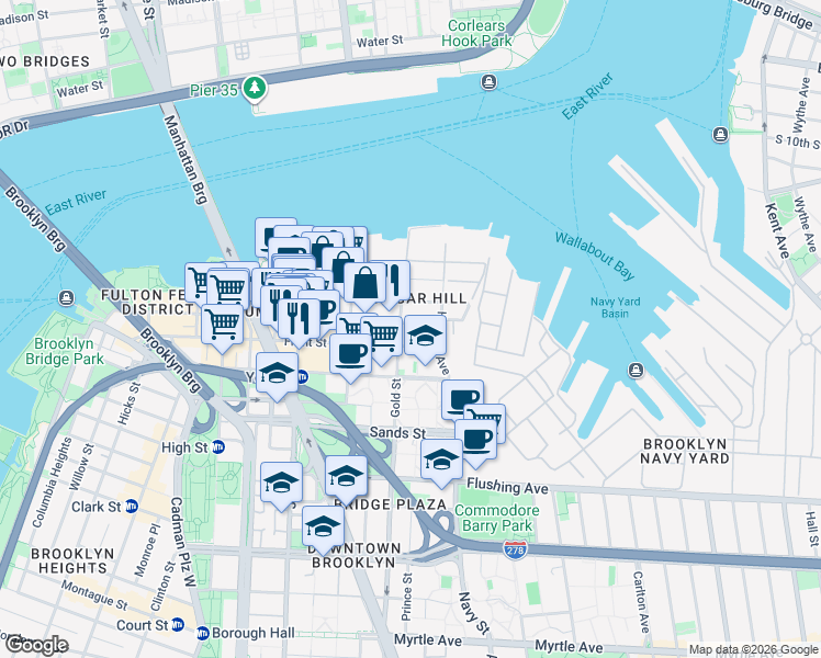 map of restaurants, bars, coffee shops, grocery stores, and more near 251 Front Street in Brooklyn