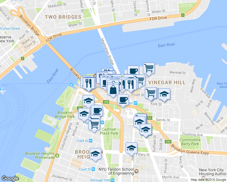 map of restaurants, bars, coffee shops, grocery stores, and more near 75 Front Street in Brooklyn