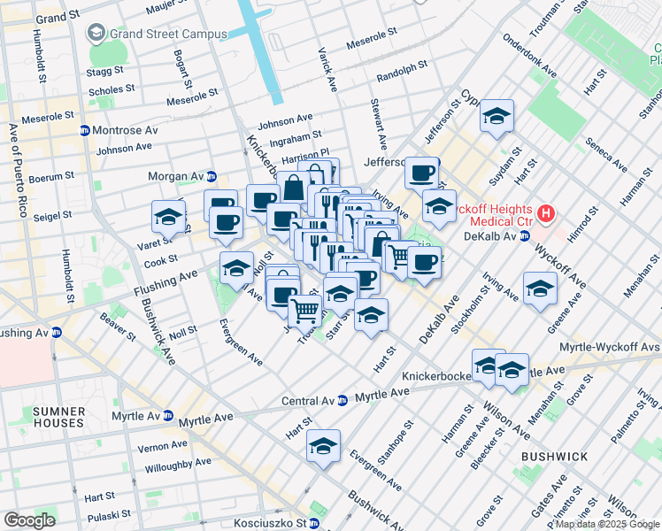 map of restaurants, bars, coffee shops, grocery stores, and more near 237 Jefferson Street in Brooklyn