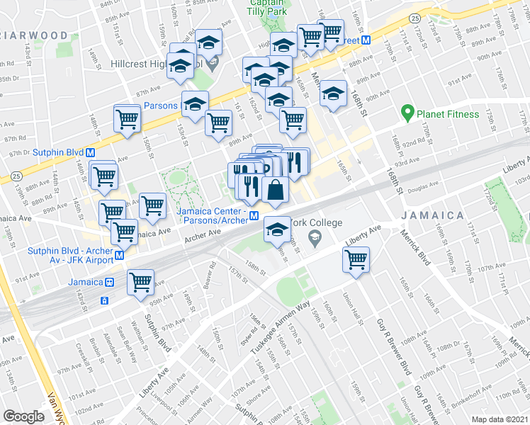 map of restaurants, bars, coffee shops, grocery stores, and more near 159-18 Jamaica Avenue in Queens