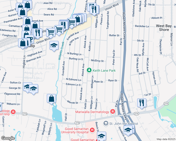 map of restaurants, bars, coffee shops, grocery stores, and more near Keith Lane in West Islip