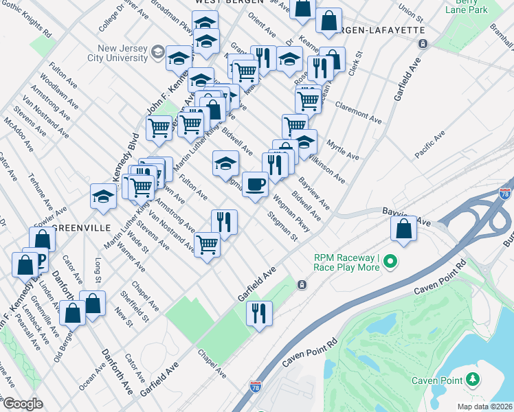 map of restaurants, bars, coffee shops, grocery stores, and more near 475 Ocean Avenue in Jersey City