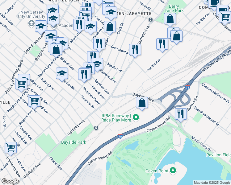 map of restaurants, bars, coffee shops, grocery stores, and more near 676 Garfield Avenue in Jersey City