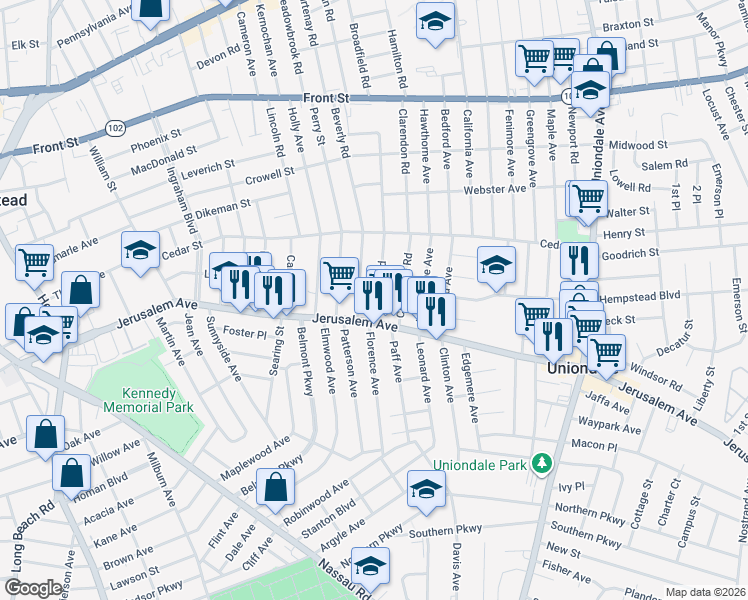 map of restaurants, bars, coffee shops, grocery stores, and more near 211 Rutland Road in Hempstead