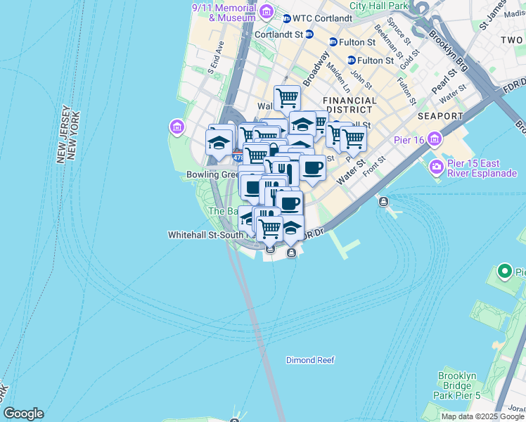 map of restaurants, bars, coffee shops, grocery stores, and more near 34 Whitehall Street in New York
