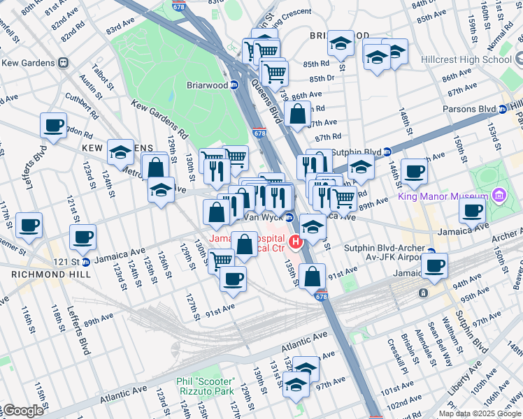 map of restaurants, bars, coffee shops, grocery stores, and more near 132-40 Metropolitan Avenue in Queens