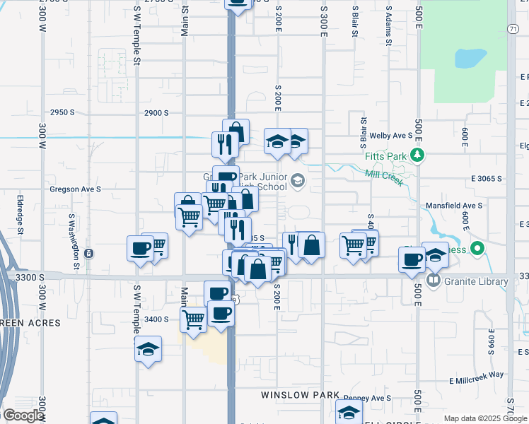 map of restaurants, bars, coffee shops, grocery stores, and more near 3130 South 200 East in Salt Lake City