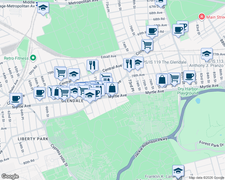 map of restaurants, bars, coffee shops, grocery stores, and more near 72-23 72nd Street in Queens
