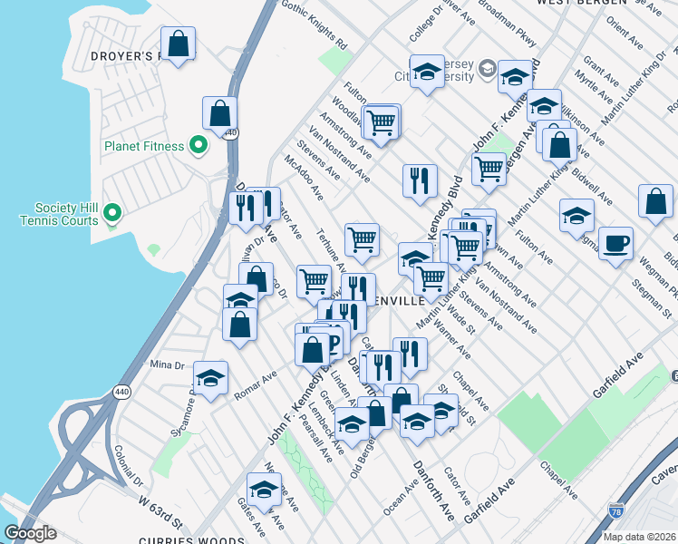 map of restaurants, bars, coffee shops, grocery stores, and more near in Jersey City