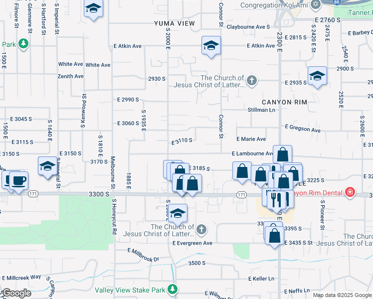 map of restaurants, bars, coffee shops, grocery stores, and more near 2051 East Lambourne Avenue in Salt Lake City