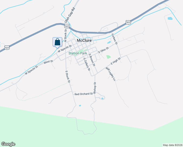 map of restaurants, bars, coffee shops, grocery stores, and more near 17-19 West High Street in McClure