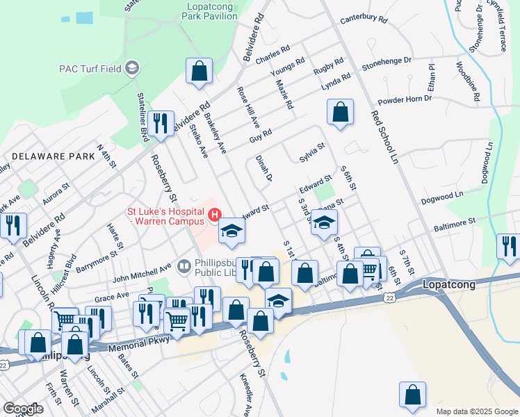 map of restaurants, bars, coffee shops, grocery stores, and more near 100 Edward Street in Phillipsburg