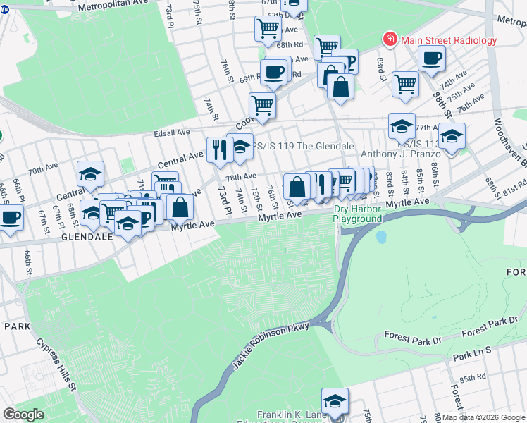 map of restaurants, bars, coffee shops, grocery stores, and more near 74-17 Myrtle Avenue in Queens