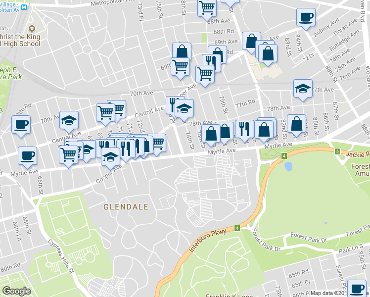 map of restaurants, bars, coffee shops, grocery stores, and more near 73-35 Myrtle Avenue in Queens