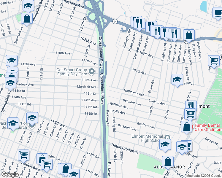 map of restaurants, bars, coffee shops, grocery stores, and more near 2353 Ludlam Avenue in Queens