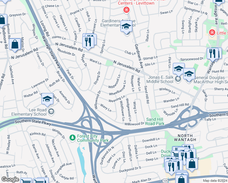 map of restaurants, bars, coffee shops, grocery stores, and more near 54 Wheelbarrow Lane in Wantagh