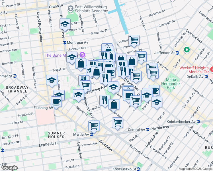 map of restaurants, bars, coffee shops, grocery stores, and more near 1 Central Avenue in Brooklyn