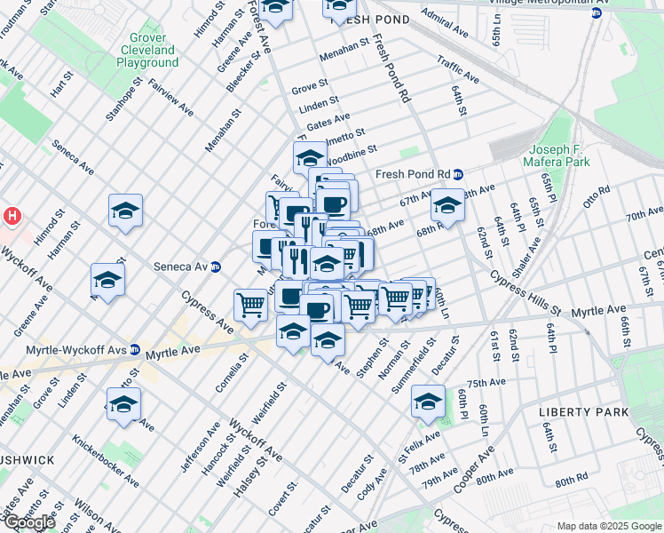 map of restaurants, bars, coffee shops, grocery stores, and more near 863 Woodward Avenue in Queens