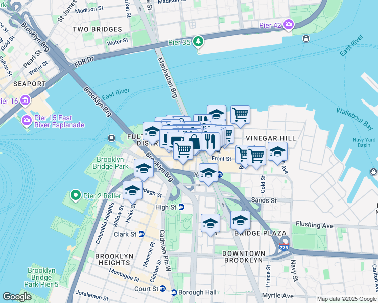 map of restaurants, bars, coffee shops, grocery stores, and more near 39 Washington Street in Brooklyn