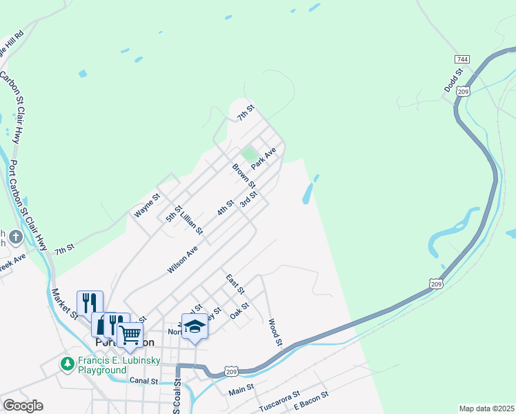 map of restaurants, bars, coffee shops, grocery stores, and more near 621 2nd Street in Port Carbon