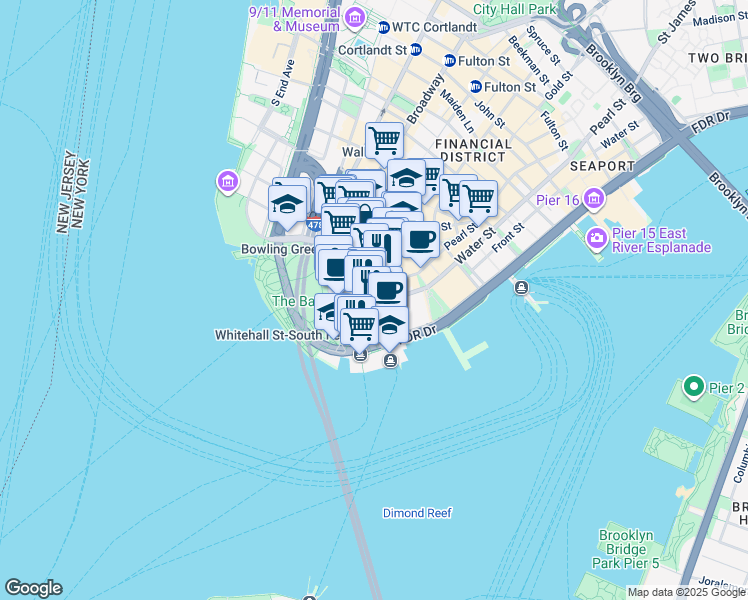 map of restaurants, bars, coffee shops, grocery stores, and more near 2 Water Street in New York