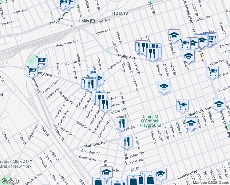 map of restaurants, bars, coffee shops, grocery stores, and more near 81 111th Avenue in Queens