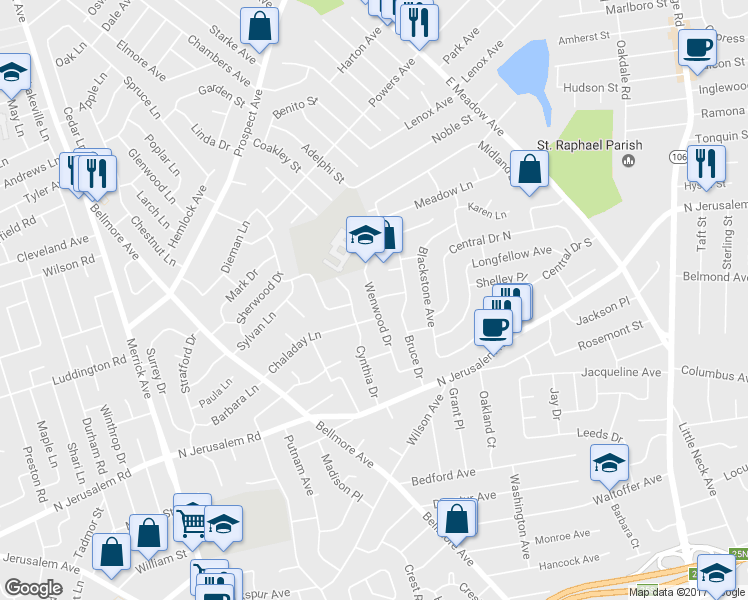 map of restaurants, bars, coffee shops, grocery stores, and more near 733 Wenwood Drive in East Meadow