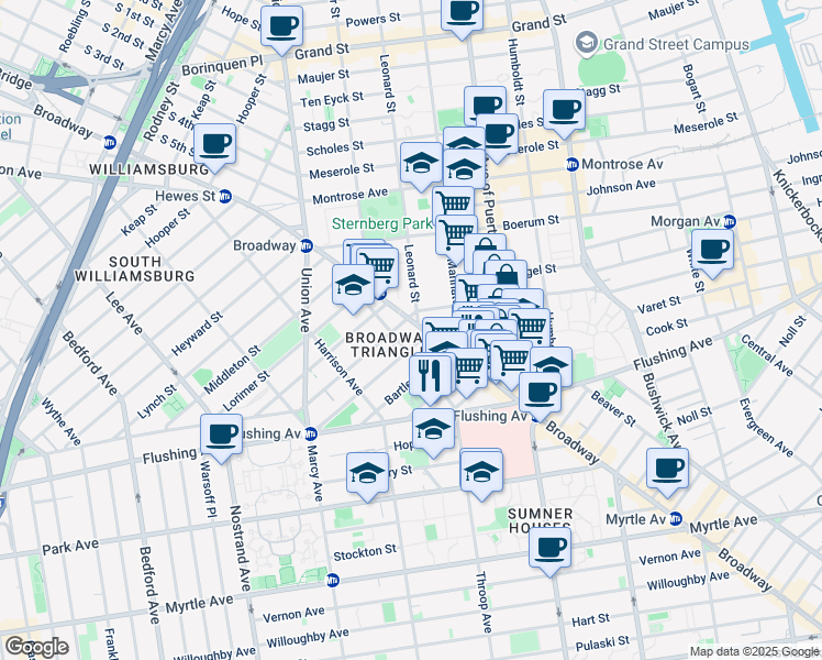 map of restaurants, bars, coffee shops, grocery stores, and more near 640 Broadway in Brooklyn