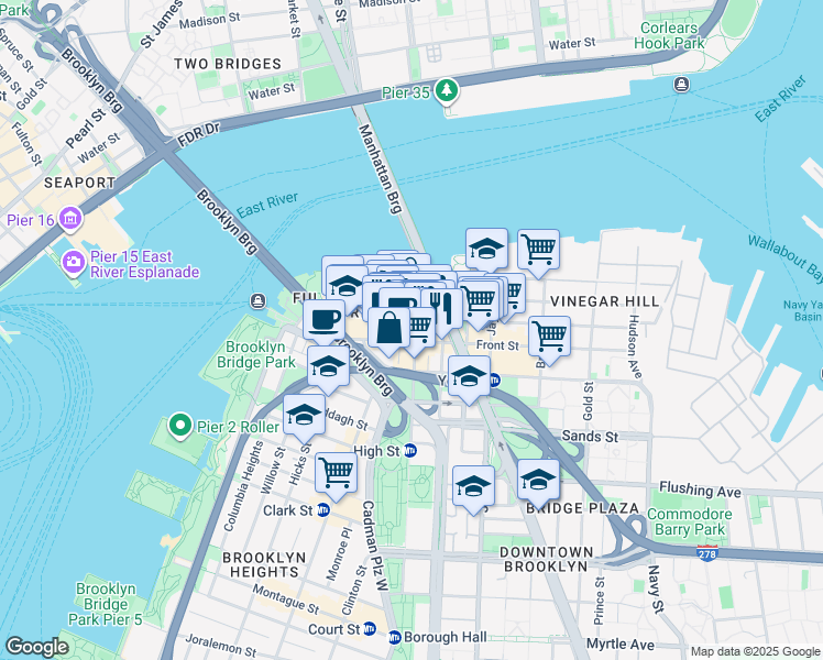 map of restaurants, bars, coffee shops, grocery stores, and more near 50 Washington Street in Brooklyn