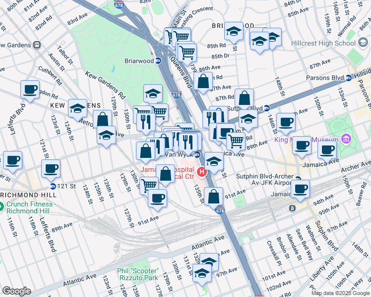 map of restaurants, bars, coffee shops, grocery stores, and more near 135-10 Jamaica Avenue in Queens
