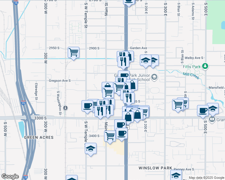 map of restaurants, bars, coffee shops, grocery stores, and more near 21 East Angelo Avenue in South Salt Lake