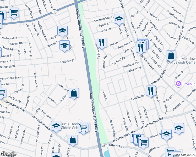 map of restaurants, bars, coffee shops, grocery stores, and more near 1351 Wilson Road in East Meadow